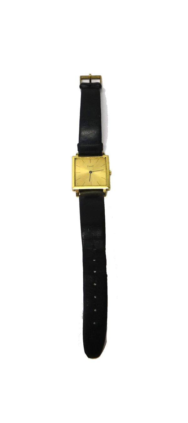 An 18ct gold, square cased Piaget wristwatch, the signed square gilt dial with black baton shaped numerals and with blued steel hands, the case back d