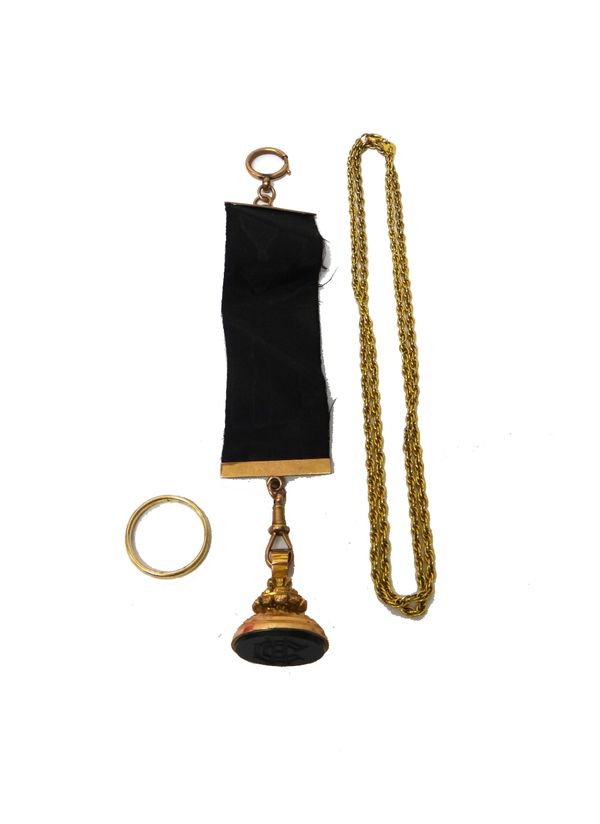 A gold mounted bloodstone set pendant fob seal, monogram engraved, fitted to a gold mounted black ribbon fob strap, fitted with a swivel and a boltrin