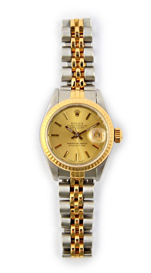 A lady's steel and gold Rolex Oyster Perpetual Datejust bracelet wristwatch, the signed circular gilt dial with gilt baton shaped numerals and with a