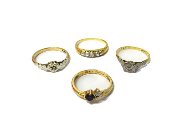 A gold and diamond set five stone ring, mounted with a row of graduated cushion shaped diamonds, a gold and platinum, diamond set single stone ring, m