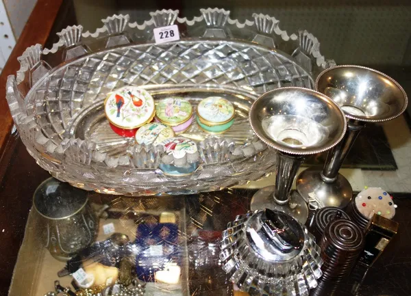 A group of collectables, including enamel pill boxes, silver plated vases, lighters and sundry. (qty)