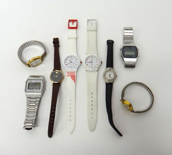 Two gentleman's steel Seiko Chronograph electronic wristwatches, two white Avia Quartz wristwatches and seven further wristwatches.