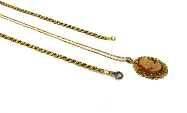 A gold ropetwist link neckchain, on a boltring clasp and a 9ct gold mounted oval shell cameo pendant, with a curb link neckchain, combined gross weigh