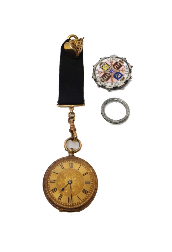 A lady's gold cased keywind openfaced fob watch, with a cylinder movement, base metal inner case, the outer case detailed 14K, with a black moire ribb