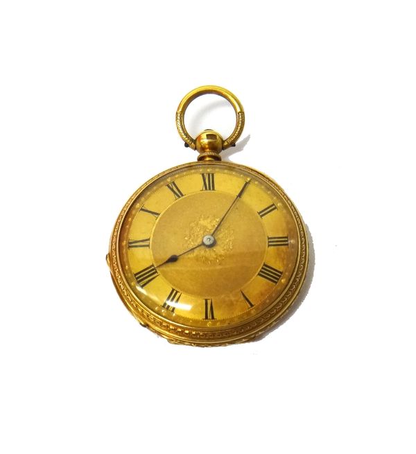 A lady's gold cased, key wind, openfaced fob watch, with an unsigned gilt lever movement, gilt metal inner case, the decorated gilt dial with black Ro