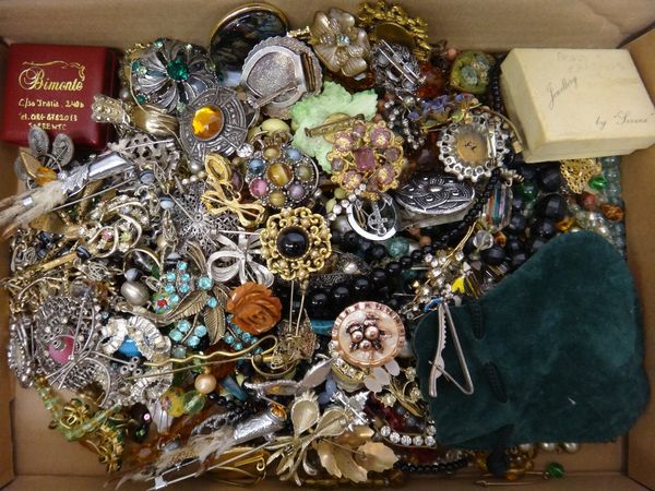 A collection of mostly costume jewellery, including; brooches, bead and other necklaces, a few badges and sundry.