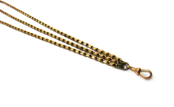 A gold long guard chain, converted for wear as a three row necklace, detailed 9 C, with some base metal fittings and fitted with a gold swivel, detail