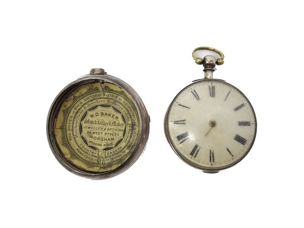 A gentleman's silver pair cased, key wind, hunting cased pocket watch, the gilt fusee movement with a verge escapement, detailed to the back plate, Da