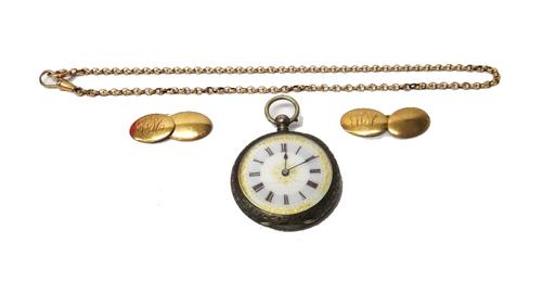 A pair of 9ct gold cufflinks, of dished oval form, monogram engraved, Birmingham 1912, a gold chain, fitted with a swivel and a boltring clasp, combin