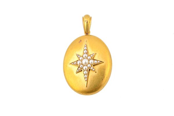 A Victorian gold and half pearl set oval pendant locket, the front applied with a starburst shaped motif, set with half pearls, gross weight 26 gms.