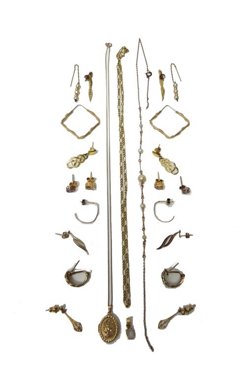 Ten pairs of gem set and other mostly gold earrings, in a variety of designs, a 9ct gold oval pendant locket, with a gold neckchain, a colourless gem