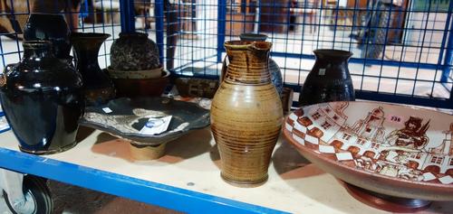 A quantity of studio pottery, including; a Doulton stoneware vase made for Claudine Ash, a Doris Dutch plate and similar vase, a Cityscape and sundry