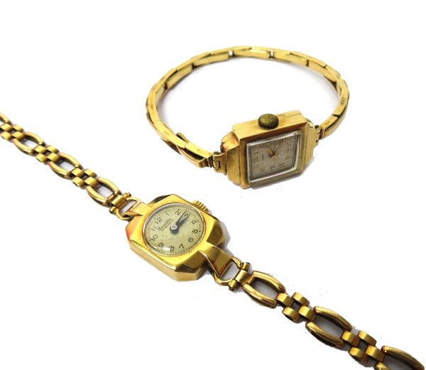 A lady's 9ct gold, cut cornered rectangular cased Crusader wristwatch, with a signed Swiss jewelled movement, the circular signed dial with black Arab