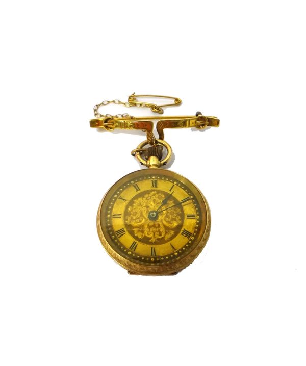 A lady's 18ct gold cased, keyless wind, openfaced fob watch, with a gilt cylinder movement, gold inner case, the decorated gilt dial with black Roman