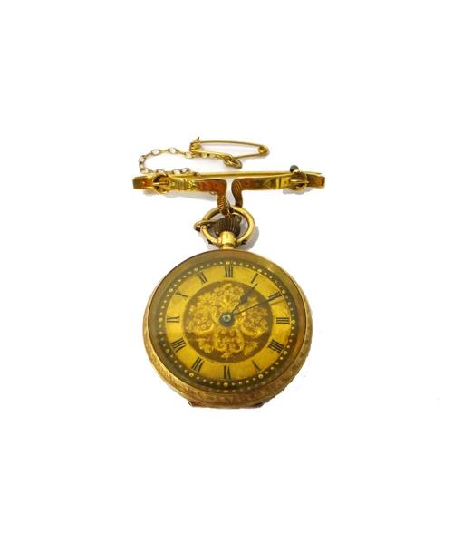 A lady's 18ct gold cased, keyless wind, openfaced fob watch, with a gilt cylinder movement, gold inner case, the decorated gilt dial with black Roman