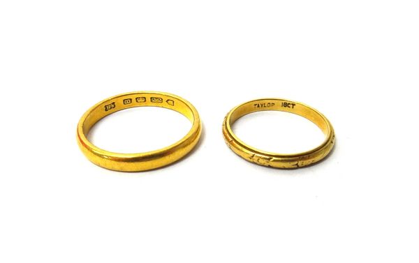 A 22ct gold plain wedding ring, London 1937, ring size T and a half, weight 5.1 gms and a gold decorated wedding ring, detailed 18 CT, ring size O and