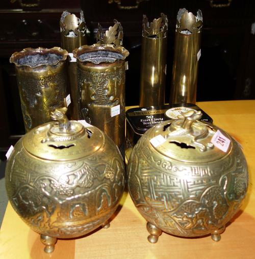 A pair of Chinese brass koro, three pairs of brass Trench Art shell cases and other Trench Art and a collection of souvenir spoons. (qty)