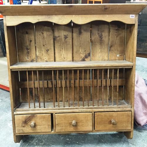 A pine hanging plate rack with three drawers and a small carved oak table. (2)