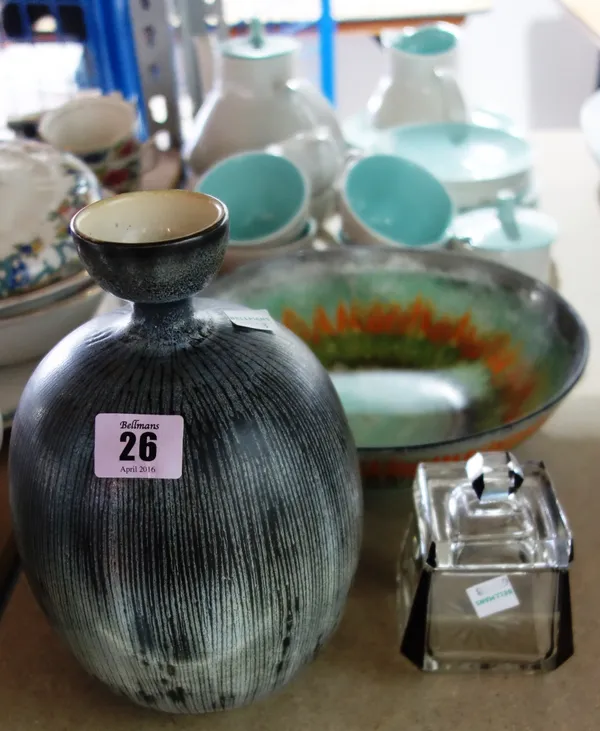 A quantity of Poole pottery including part tea set, gourd shape vase, bowl and a glass lidded pot. (qty)