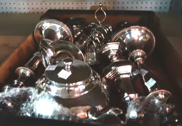 A quantity of silver plate including candlesticks, a toast rack, a tea pot and sundry. (qty)