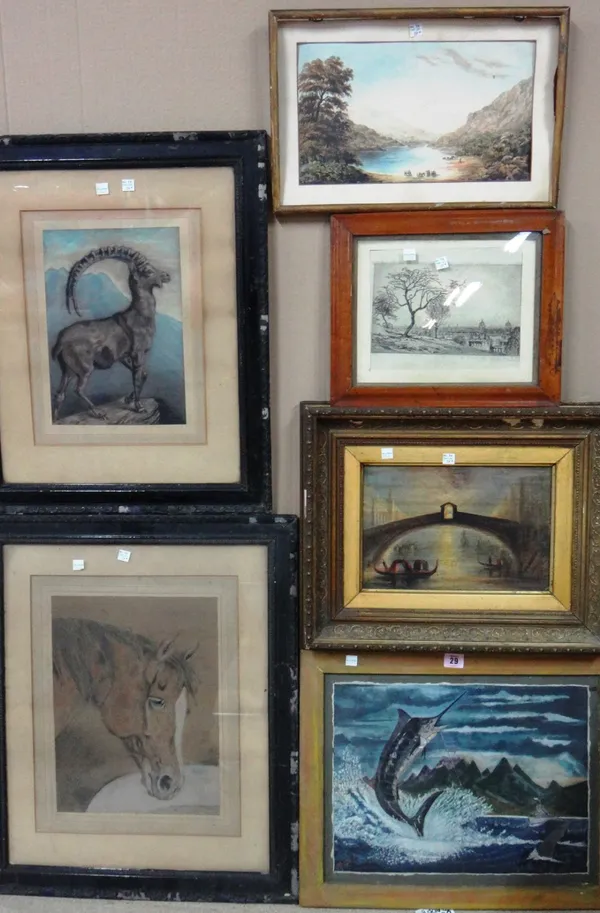 A group of six pictures, including a gouache of a leaping swordfish by Nino Gagliardi, together with a book on the artist, and an oil of a bridge, a w