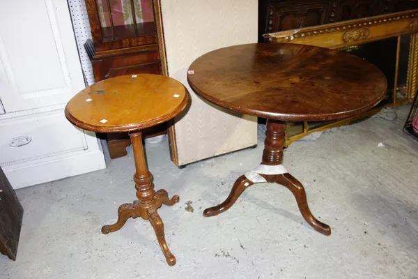 A 19th century fruitwood and beech circular tripod table, together with a George III mahogany circular snap top tripod table (a.f). (2)