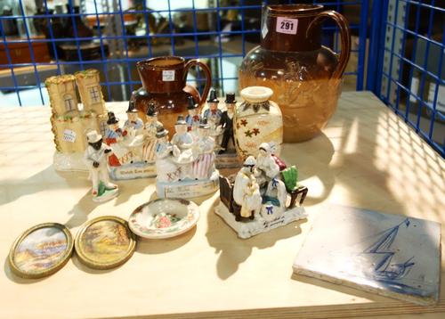 A quantity of assorted ceramics including three Doulton stoneware jugs, Staffordshire figures and Victorian figures and sundry.  (qty)