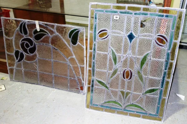 Two similar stained leaded glass windows, each 23 x 31cm. (2)