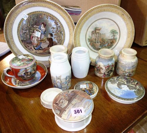 A group of Prattware, including pot lids, jars, plates and sundry. (qty)