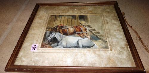 Hazel Champion Jones, watercolour and another watercolour of horses in stables. (2)