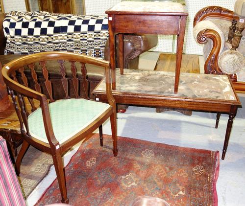 A rectangular marble top coffee table, a tub chair and a piano stool. (3)