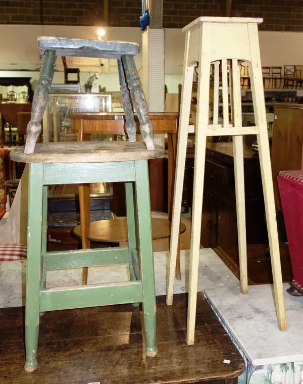 A yellow painted jardiniere stand, a green stool and an oval pine table. (3)