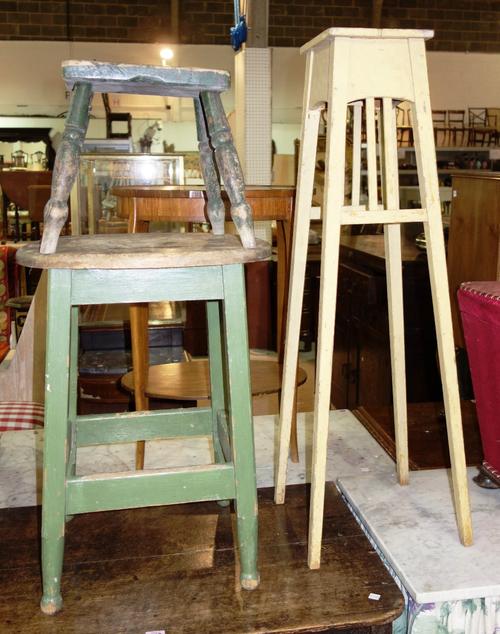 A yellow painted jardiniere stand, a green stool and an oval pine table. (3)