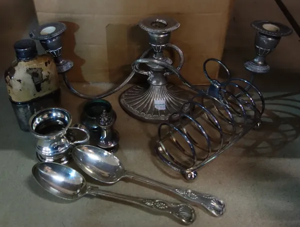 A box of electro-plated wares including candlesticks, flatware, bowls, a tea set and sundry. (qty)