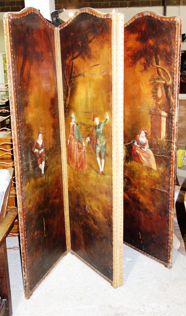 A 19th century leather four fold screen with figural painted panels.