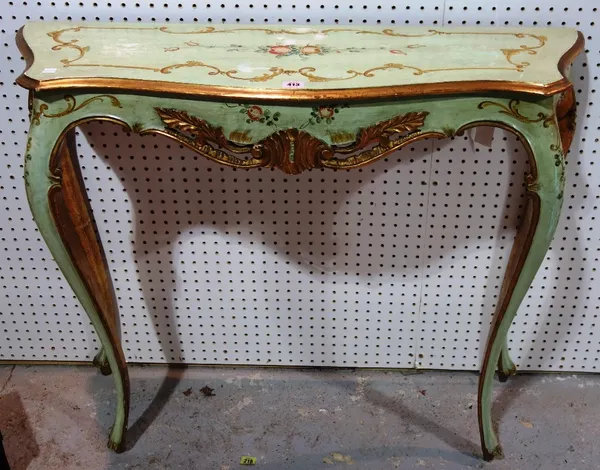 A 20th century green and gilt floral painted serpentine console table