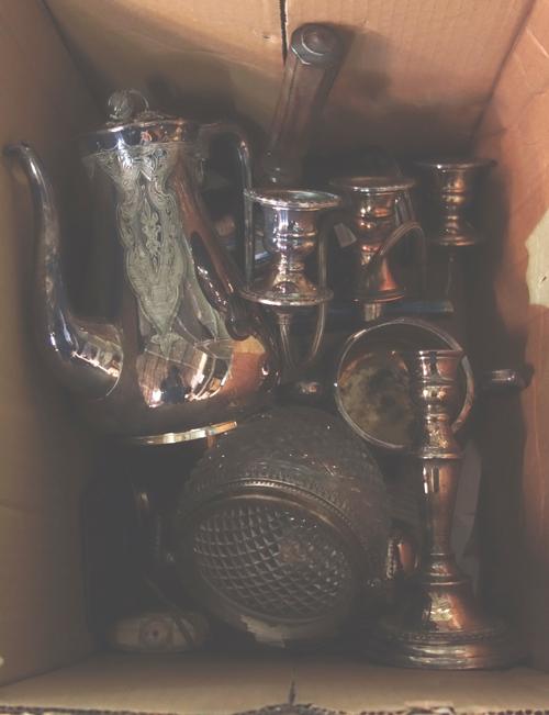 A quantity of assorted silver-plate including candlesticks, coffee pots and sundry and a vintage camera. (qty)