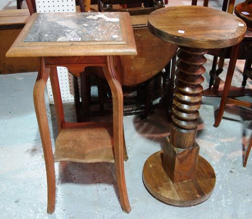 A marble top jardiniere stand, together with another jardiniere stand with woven column. (2)