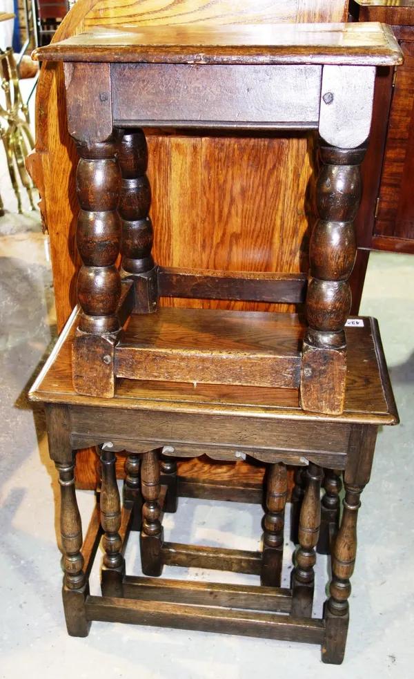 An 18th century oak joint stool, and an oak nest of three tables. (2)