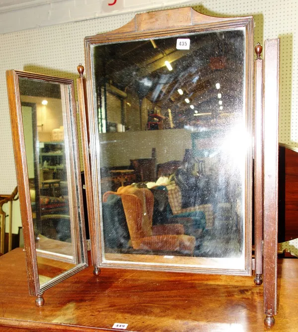 A pair of mahogany carver chairs, an oak bookstand and a triptych mirror.(4)
