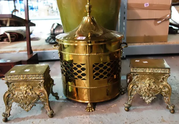 A brass coal bin and a pair of fireside stands.  (3)
