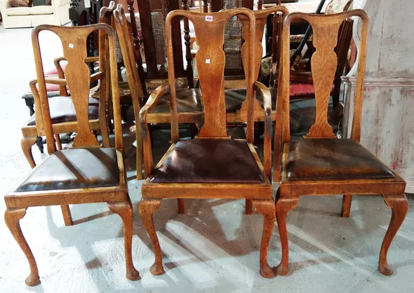 A set of six oak vase back dining chairs. (6)