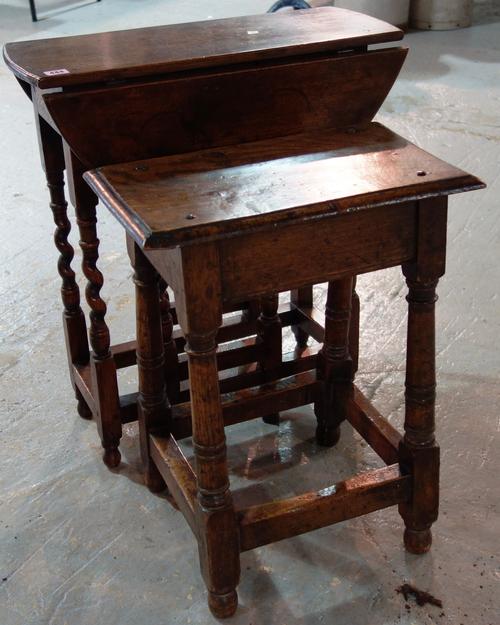 An oak drop flap table and a joint stool. (2)