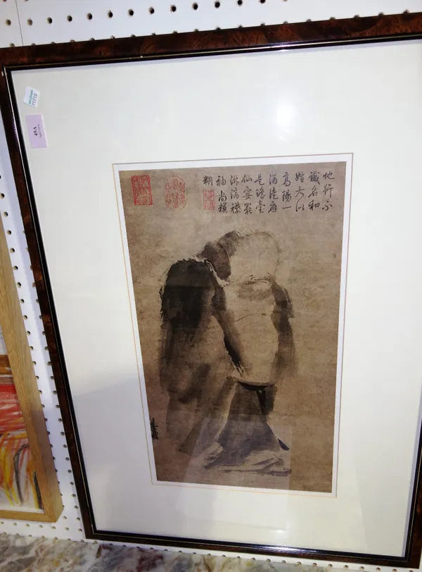 Three Chinese prints of horsemen and three modern facsimile prints of archaic subjects. (6)
