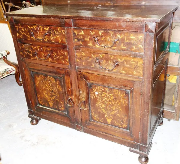 An oak and inlaid side cabinet with four drawers and pair of cupboard doors.