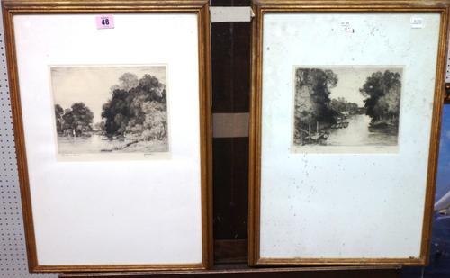 John Fullwood (1854-1931), Hampton on Thames; The Backwater, Richmond, a pair of etchings, signed and inscribed in pencil.(2)