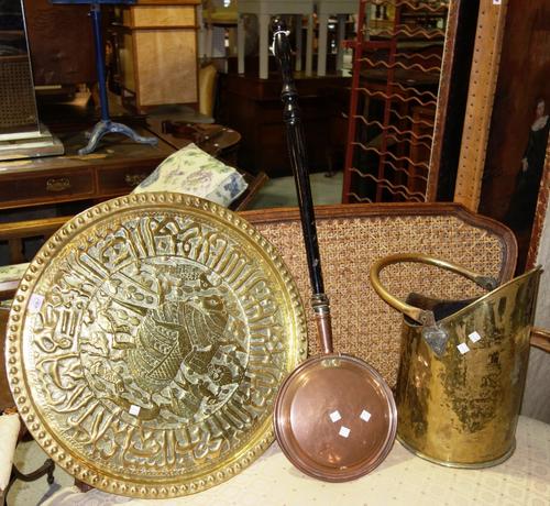 An embossed brass tray, a warming pan and a coal scuttle. (3)