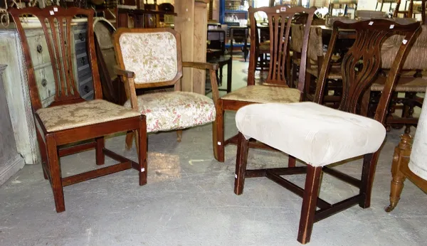 A group of three 19th century mahogany dining chairs and a walnut open armchair. (4)