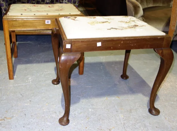 A rectangular walnut piano stool with needlework seat, and a mahogany stool with cabriole supports. (2)