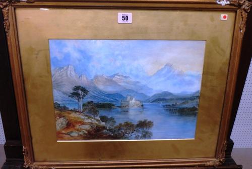 English School (19th century), Loch Scene with castle on an island, watercolour.